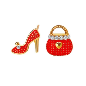 Asymmetric red enamel high heel and handbag stud earrings with sparkling crystals