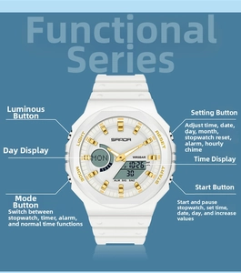Detail view of white digital watch features showing 5BAR waterproof and dual display