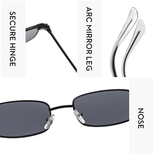 Detail view of retro metal square sunglasses with secure hinges and ergonomic arc temples