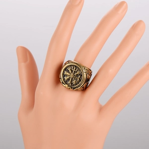 Retro stainless steel Viking compass ring in antique gold finish for men