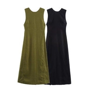 Women's Sleeveless Linen Midi Dress Sexy Backless Hollow Out V-Neck A-Line Summer Casual High Waist Solid Color Dress
