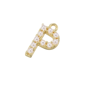 Detailed view of 18K gold plated letter P pendant inlaid with elegant white pearls
