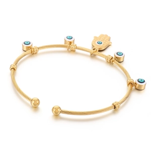 18K gold plated stainless steel open bangle with evil eye and hand of Fatima charms