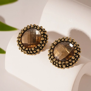 French Retro Vintage Round Alloy Stud Earrings With Amber Rhinestone And 925 Sterling Silver Earring Post For Women