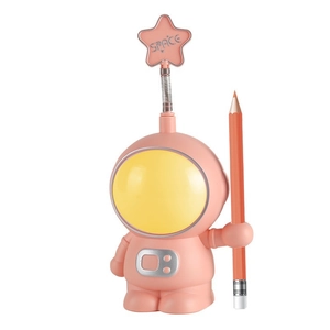 Pink astronaut desk lamp with pencil holder and star spring light on white background