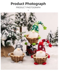 Detailed view of three mini Christmas gnomes with snowflake hats in bamboo candy baskets