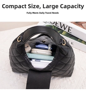 Top view of compact black quilted handbag interior showing high storage capacity for essentials