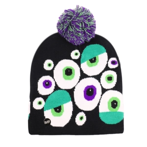 Funny Halloween LED knit beanie featuring cartoon monster eyes and purple pom-pom top