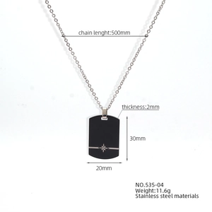 Detailed specs of stainless steel dog tag necklace with silver starburst pendant details