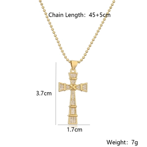Detail of 18K gold plated cross pendant necklace with size dimensions and weight specifications