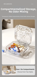 Close-up of portable pill organizer with four compartments and water ripple texture