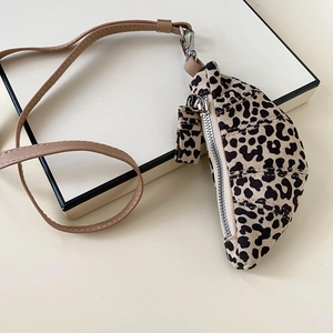 Detail of leopard print crescent coin purse necklace with silver zipper and slim strap