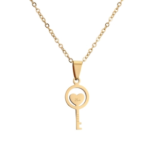 Golden titanium steel necklace with heart-shaped love key pendant on white background