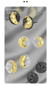 Close-up of S925 sterling silver stamp on irregular lava texture round stud earrings