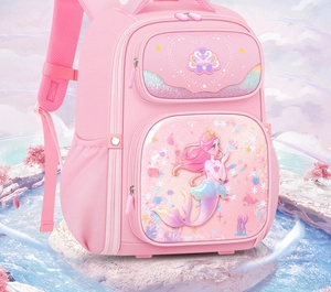 Close-up of pink mermaid school bag featuring ergonomic straps and DDCAT logo detail