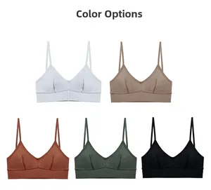 Detailed color display of rib-knit low back sports bras in five essential solid colors