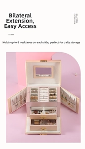 Detailed view of pink jewelry box with bilateral extension for eight necklace hooks
