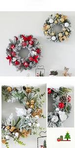 Close-up of artificial pine cones and snowy needles on a festive Christmas wreath decoration
