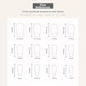 Size chart showing 12 sizes of long press-on nails with detailed length and width metrics
