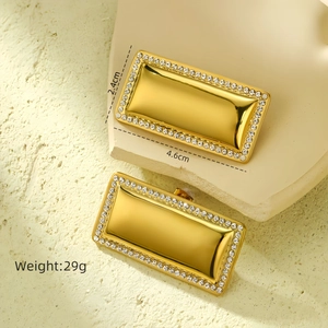Detail view of 18k gold plated rectangular earrings with crystal pavé and size measurements