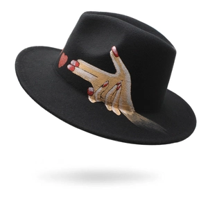 Black wool fedora hat with unique hand-painted gold hand and red heart pattern