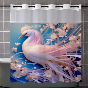 Detail of waterproof bath curtain featuring white mythical bird and cherry blossoms