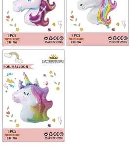 Detailed view of large unicorn foil balloon in card packaging for birthday party decor
