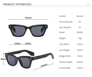 Detailed size specifications and parameters for square frame UV400 sunglasses