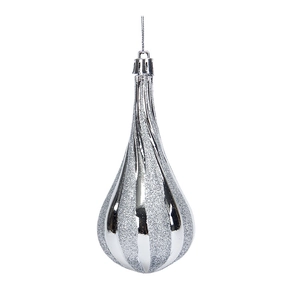Close-up of silver teardrop Christmas ornament with spiral glitter and metallic finish