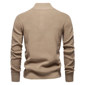 Men's high-quality khaki stand-collar knit sweater with premium texture, back view on white background