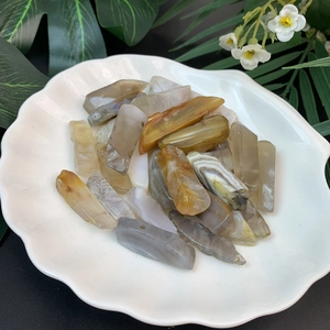 Macro shot of natural agate long strip stones in a white scalloped shell tray with leaves