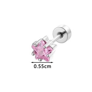 Pink star-shaped cubic zirconia stud earrings in stainless steel setting, 0.55cm diameter