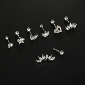 Set of 7 silver stainless steel cartilage earrings with micro-set zircon shapes and screw balls