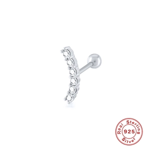S925 sterling silver curved earring with seven round zircons and screw ball back