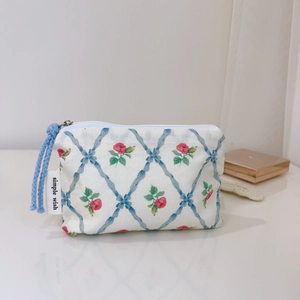 Detailed view of floral canvas coin purse with blue zipper and rose pattern