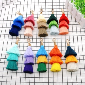 Handmade 3-Layer Gradient Cotton Tassel Keychain Boho Woven Bag Charm Ornament With Metal Lobster Clasp For Women