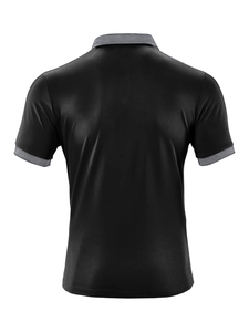 Back view of a casual short-sleeved polo shirt featuring black body with grey contrast collar