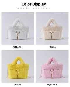 Detail view of plush faux rabbit fur tote bags with metal deer charms in four soft colors