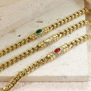 Vintage Stainless Steel Gold Plated Cuban Link Bracelet For Women Luxury Oval Red Green Yellow Rhinestone Inlaid Jewelry