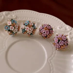 Floral Cluster Stud Earrings Alloy Ceramic Rhinestone With 925 Sterling Silver Earring Post Elegant Jewelry For Women