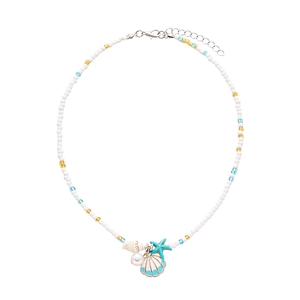 Ocean style beaded necklace featuring sea shells, starfish charms, and blue accents