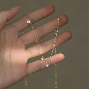 Sparkling S925 sterling silver gold necklace with round cubic zirconia for women