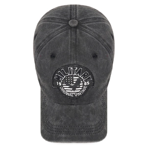 Vintage washed dark grey cotton baseball cap with military embroidery patch
