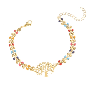 Golden Tree of Life stainless steel bracelet with colorful enamel leaf charms and adjustable chain