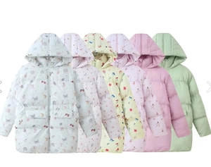 Detailed view of floral and solid hooded puffer jackets for kids in pastel colors