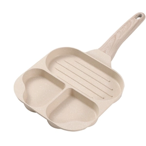 3-section maifan stone non-stick frying pan with heart-shaped molds and wood handle
