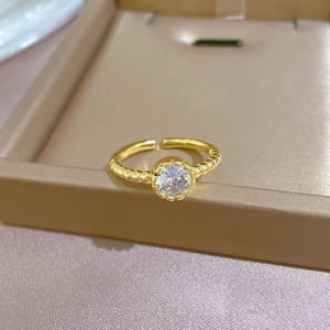 Minimalist gold plated adjustable open ring with sparkling round solitaire zircon stone