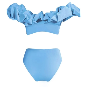 Flat lay detail of sky blue two-piece bikini with ruffled off-shoulder top and high waist bottom
