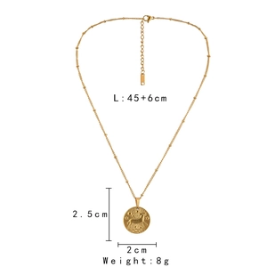 Detailed view of gold stainless steel zodiac necklace with 45+6cm chain and 8g weight