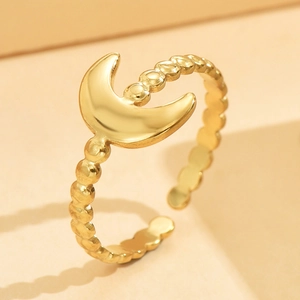 Minimalist 18K gold plated stainless steel moon ring with elegant beaded band design